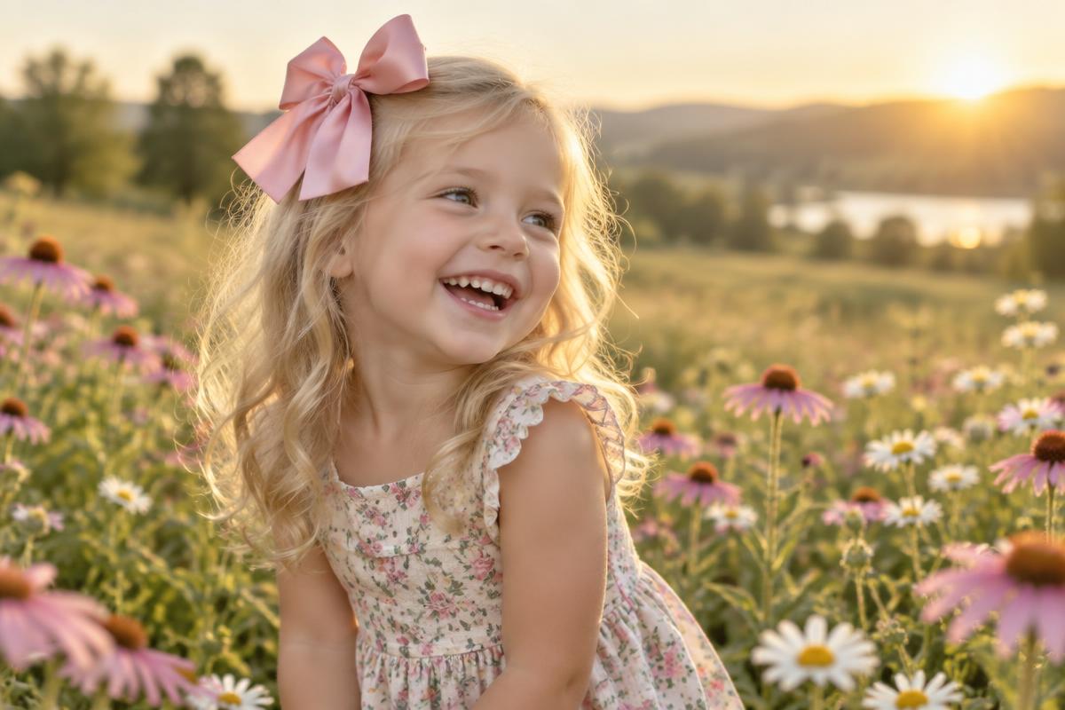 Girl with a pink satin bow laughing in a flower field
