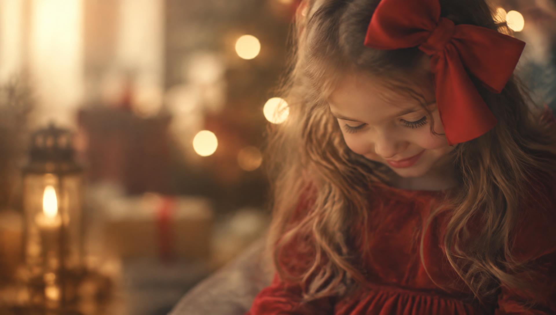 Girl with a red bow in warm bokeh light